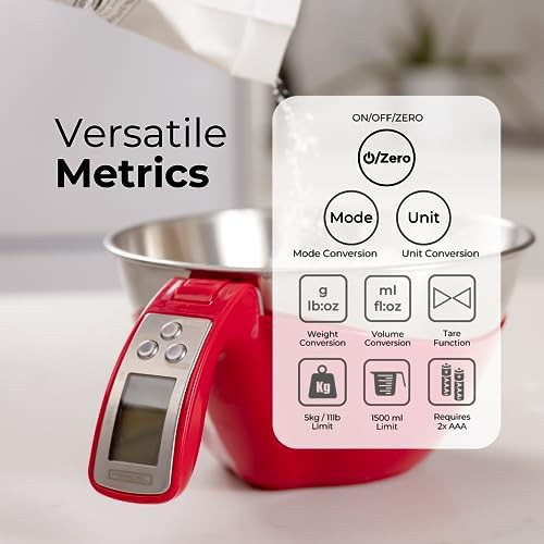 Red digital kitchen scale with mixing bowl — photo 4