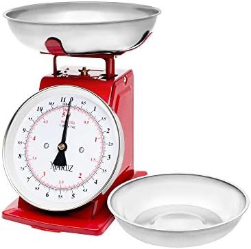 Red analog mechanical food scale with bowls