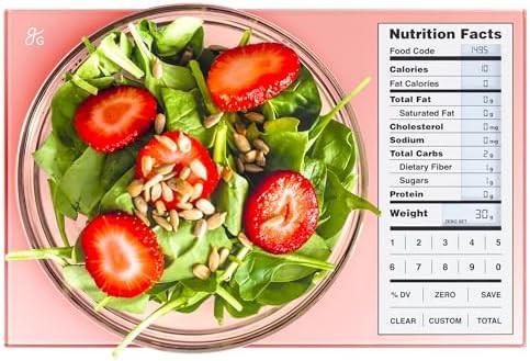 Pink digital food scale with nutrition calculator