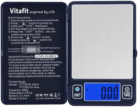 Blue pocket gram scale with bubble level